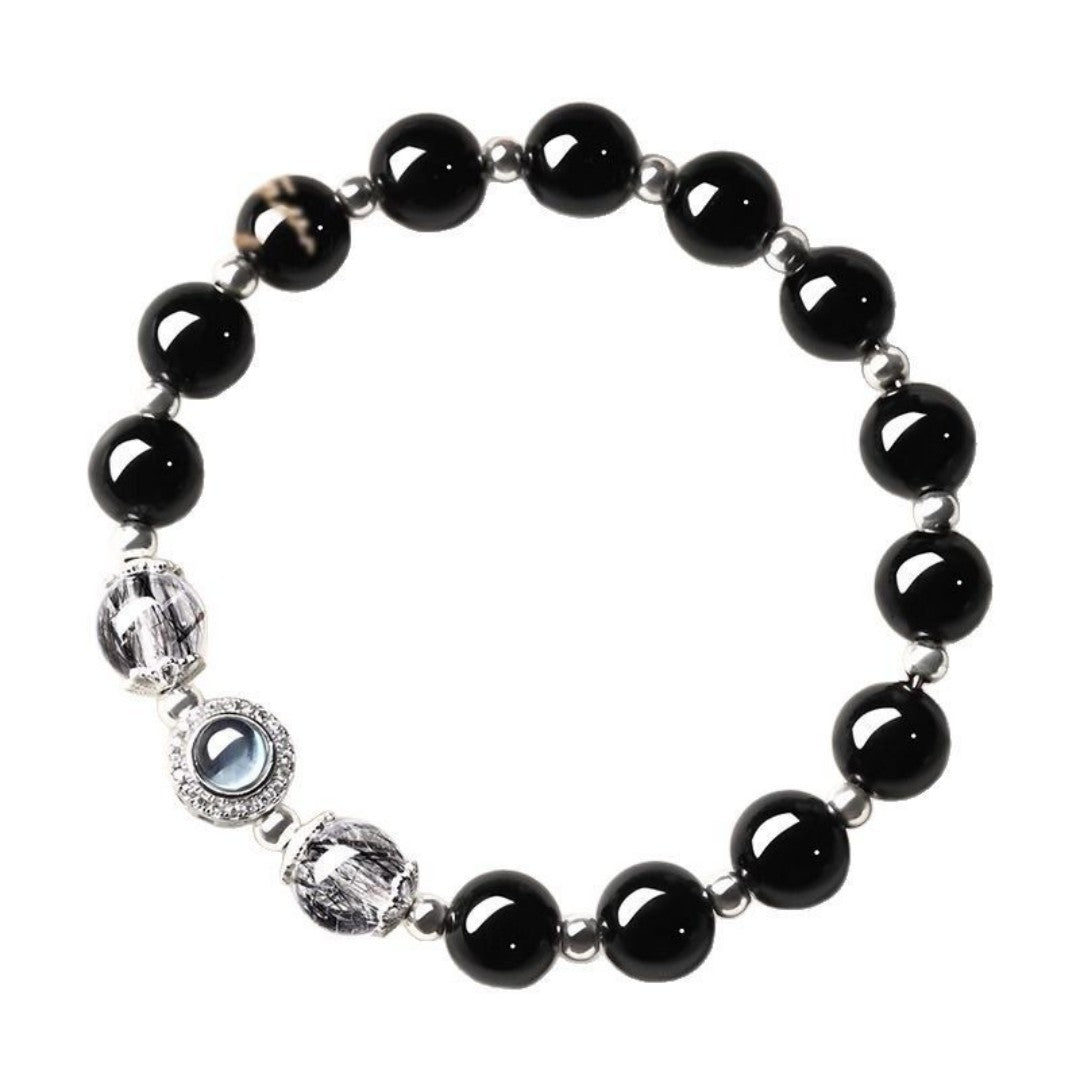 Obsidian black rutilated quartz aquamarine Feng Shui bracelet