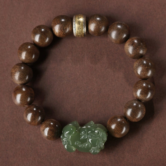 Brunei Agarwood & Hetian Green Jade Pi Xiu Bracelet with Silver Charm – Wealth & Protection