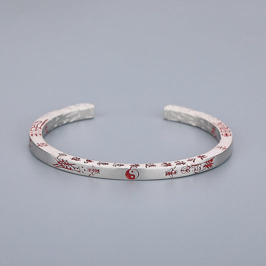 Vintage S925 sterling silver bracelet with Nine-Character Mantra and Vermilion inlay for protection