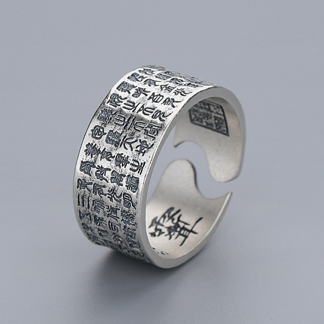 Handcrafted Daoist hammered silver ring with Golden Thunder Mantra and Vermilion inscriptions
