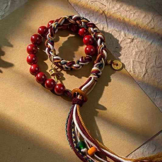 Tibetan Protection Bracelet - Vermillion Beads & Five-Element Thread for Spiritual Grounding