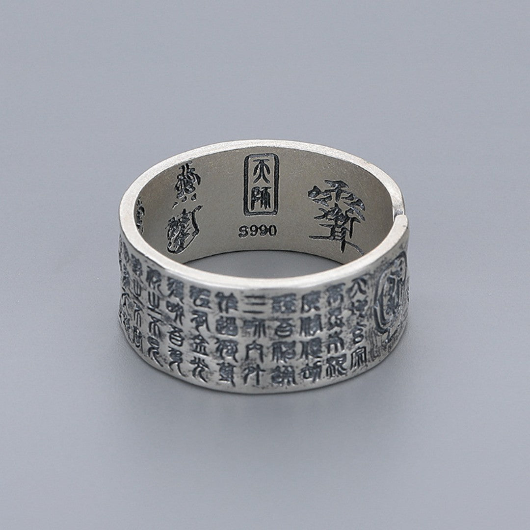 Handcrafted Daoist hammered silver ring with Golden Thunder Mantra and Vermilion inscriptions