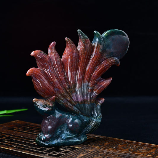 Natural ocean jasper nine-tailed fox figure with deep red and blue colors