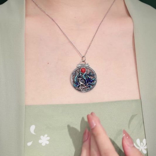 Nine-Tailed Fox Amulet - Enamel & Carnelian Talisman for Opportunity Sterling Silver