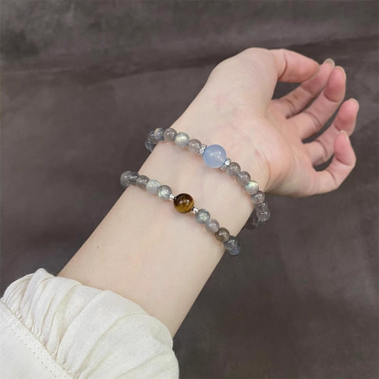 Grey Moonstone Double Wrap - Intuition Bracelet with Aquamarine & Tiger Eye