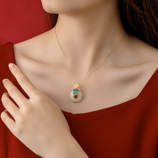 Hetian Jade Coin Necklace - Protection & Harmony Pendant with Carnelian & Enamel