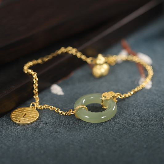 Joy Blessings Bracelet - Green Jade "Double Happiness" Chain Gold Plated Silver