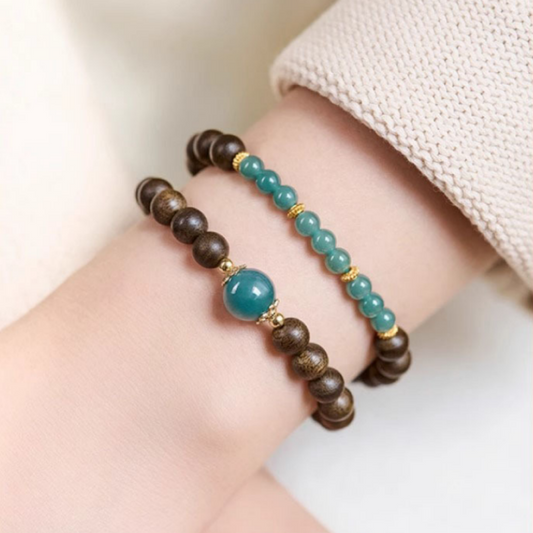 Brunei Agarwood & Natural Blue Water Jade Double Wrap Bracelet – Harmony & Wealth