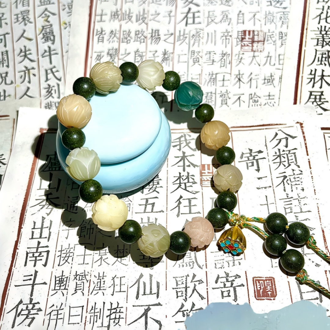 Wealth Lotus Bodhi bracelet with herbal incense bead — Feng Shui inspired jewelry