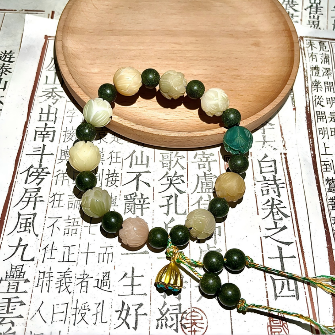 Wealth Lotus Bodhi bracelet with herbal incense bead — Feng Shui inspired jewelry