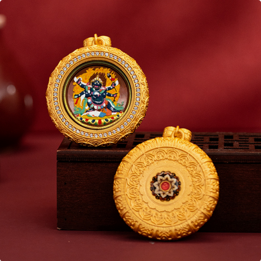 Hand-painted Tibetan Thangka pendant necklace in brass with traditional spiritual motifs