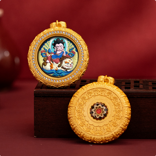 Hand-painted Tibetan Thangka pendant necklace in brass with traditional spiritual motifs