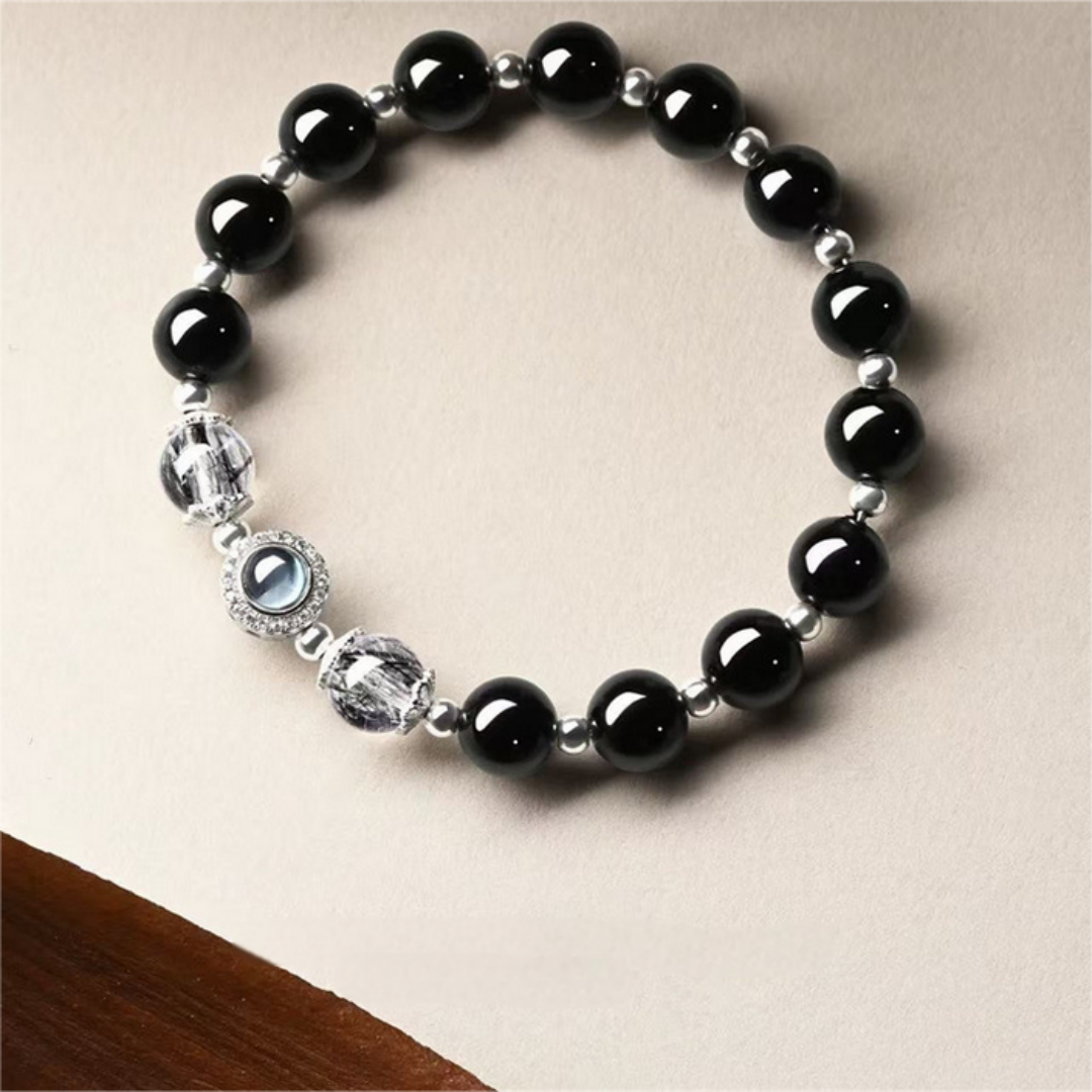 Obsidian black rutilated quartz aquamarine Feng Shui bracelet