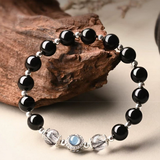Obsidian black rutilated quartz aquamarine Feng Shui bracelet