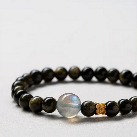 Obsidian grey moonstone four-leaf-clover Feng Shui bracelet