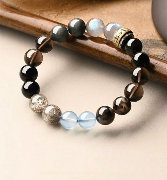 Multi-water element obsidian aquamarine Feng Shui bracelet
