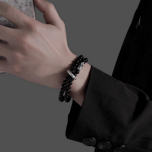 Obsidian double-wrap bracelet with silver Pixiu