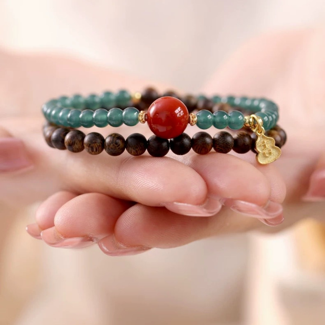 Blue jade and Qi-Nan agarwood dual-wrap bracelet with Ji charm