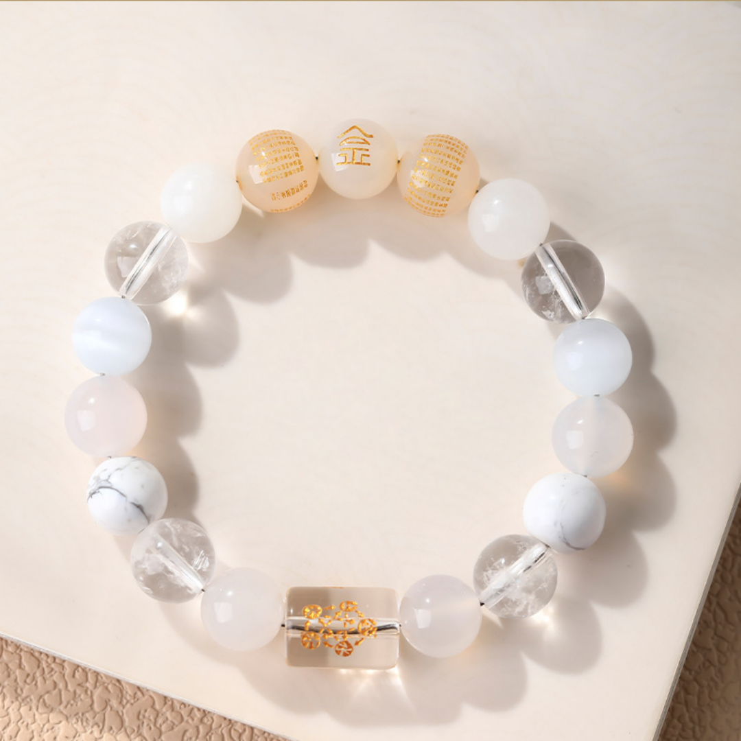 White gemstone Feng Shui bracelet for Metal element (Hotan nephrite, clear quartz, cat's-eye quartz)