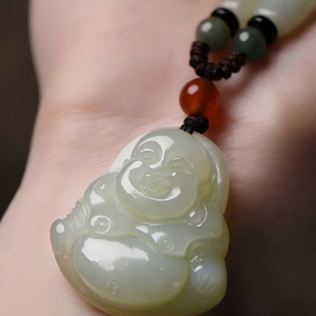 Natural White Jade Laughing Buddha Pendant Necklace for Ladies