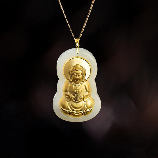Hetian jade Guanyin pendant gold plated — jade necklace
