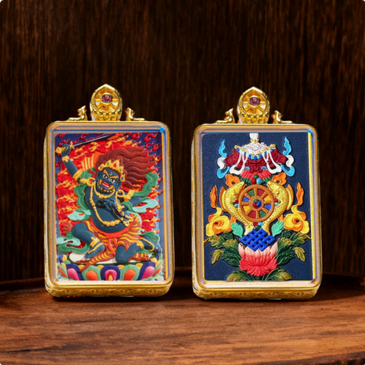 Hand-painted Tibetan thangka brass pendant necklace with Buddhist deity design