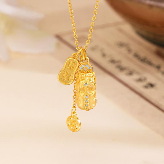 Gold Plated Pi Xiu & Coin Wealth Necklace - Feng Shui Abundance Talisman for Opportunities & Blessings