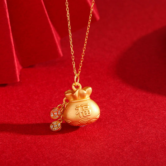 Lucky Sack & Coin Abundance Necklace - Gold Plated Sterling Silver for Wealth Flow
