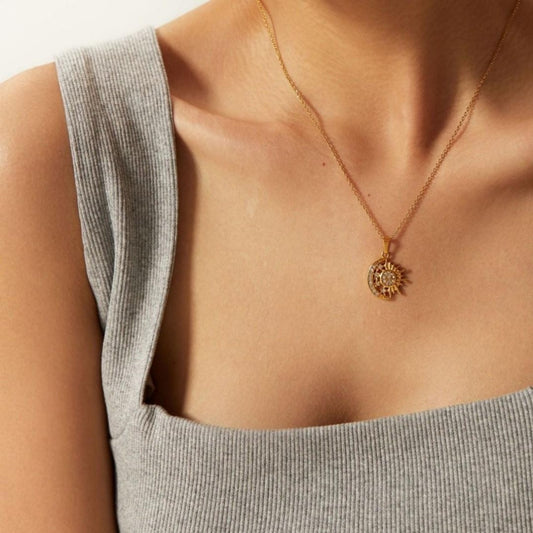 Gold plated half-sun half-moon pendant necklace with adjustable chain