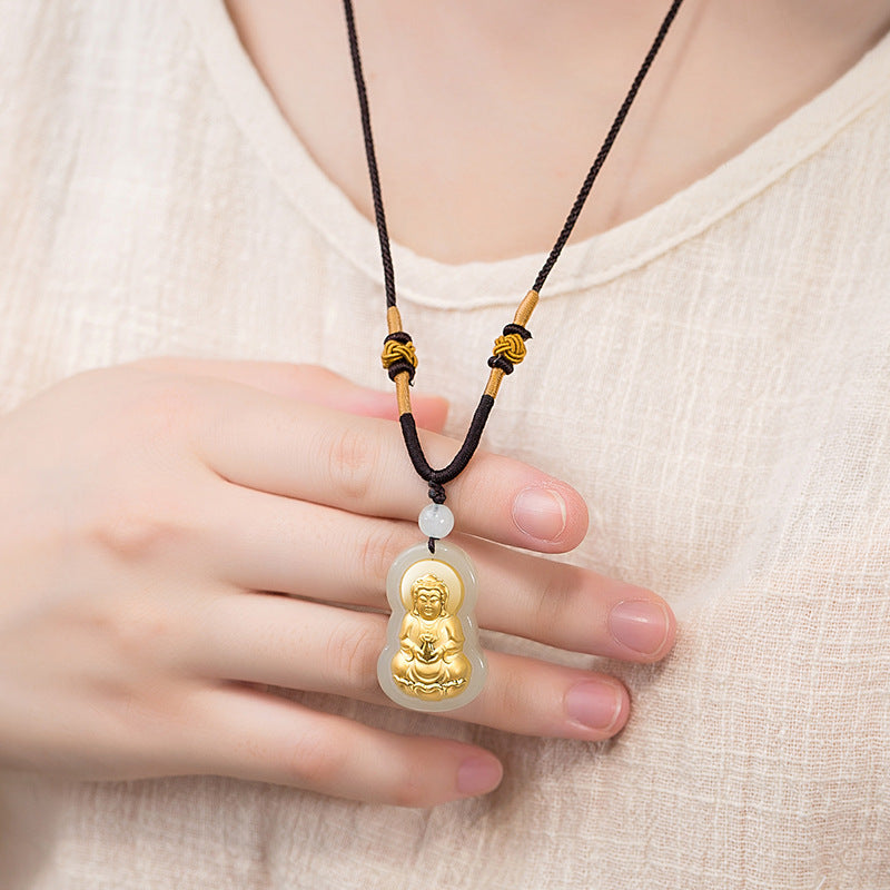 Hetian jade Guanyin pendant gold plated — jade necklace