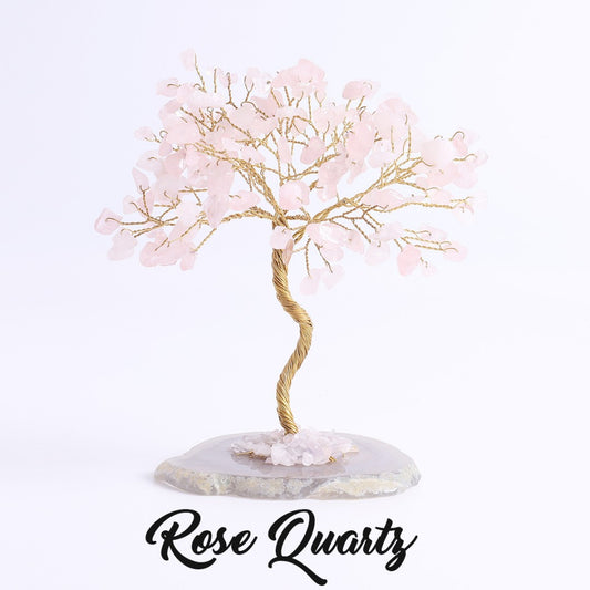 Pink rose quartz leaf tree with copper trunk on polished agate slab