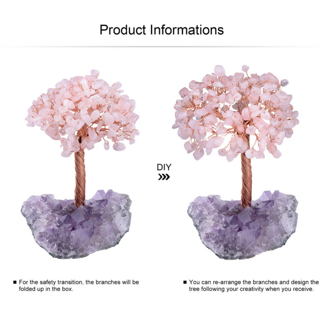 Rose Quartz crystal feng shui tree for emotional soothing and love energy, copper wire branches on amethyst cluster