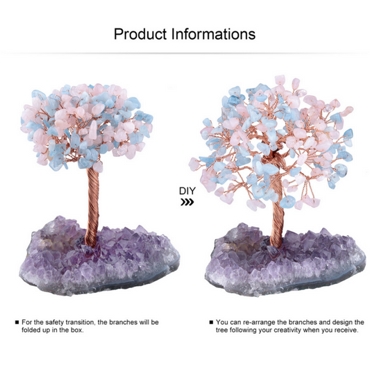Aquamarine and Rose Quartz feng shui tree with copper wire for serenity and emotional healing, displayed on amethyst base