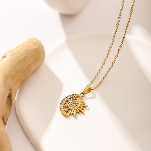 Gold plated half-sun half-moon pendant necklace with adjustable chain