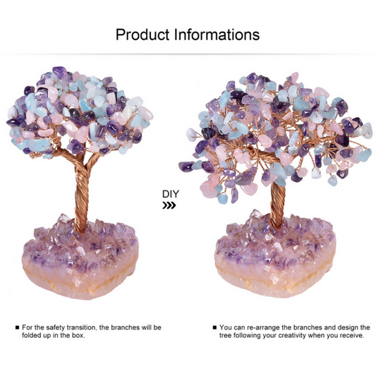 Amethyst Aquamarine and Rose Quartz feng shui tree for emotional wisdom and love, copper wire tree on amethyst cluster