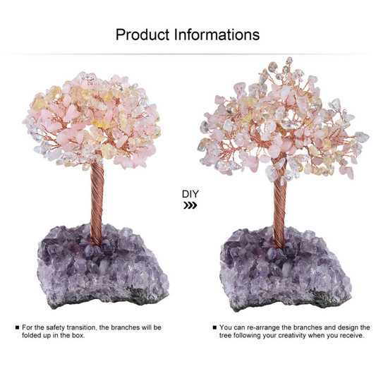 Clear Quartz Citrine and Rose Quartz feng shui tree for energy lightness and prosperity, handmade crystal tree on amethyst