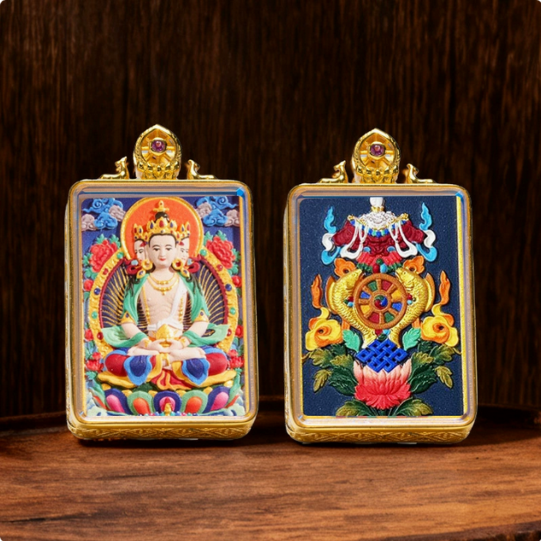 Hand-painted Tibetan thangka brass pendant necklace with Buddhist deity design