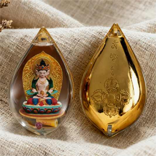 Hand-painted thangka lotus petal pendant necklace with dimensional Buddhist deity artwork