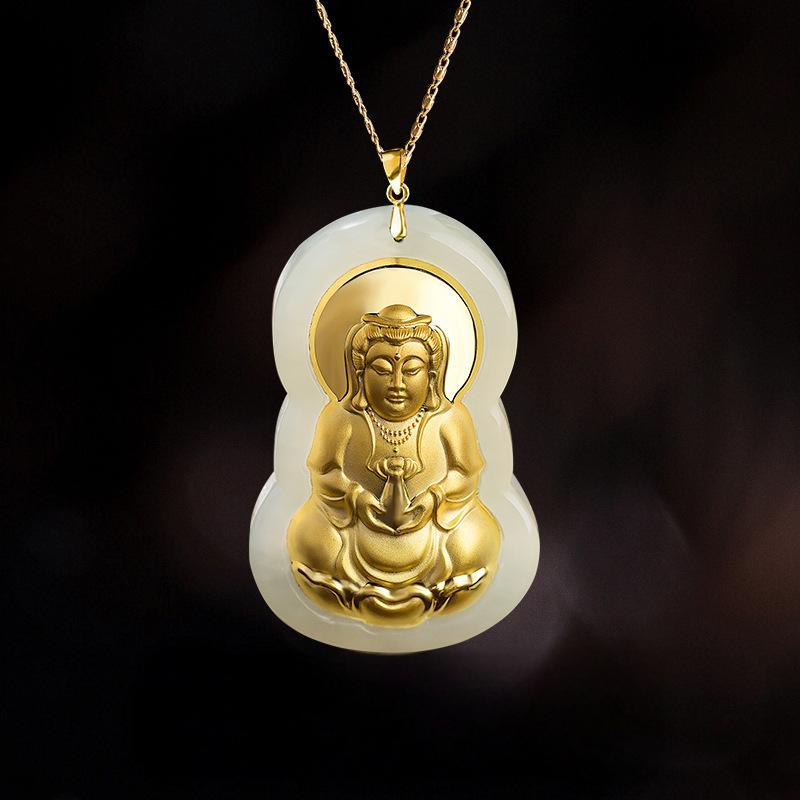Hetian jade Guanyin pendant gold plated — jade necklace