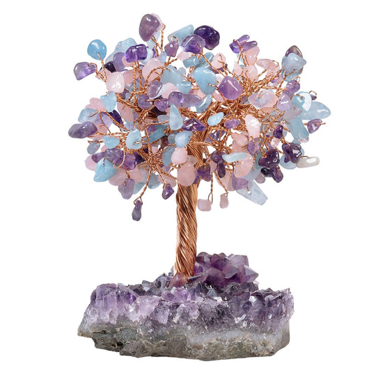 Amethyst Aquamarine and Rose Quartz feng shui tree for emotional wisdom and love, copper wire tree on amethyst cluster