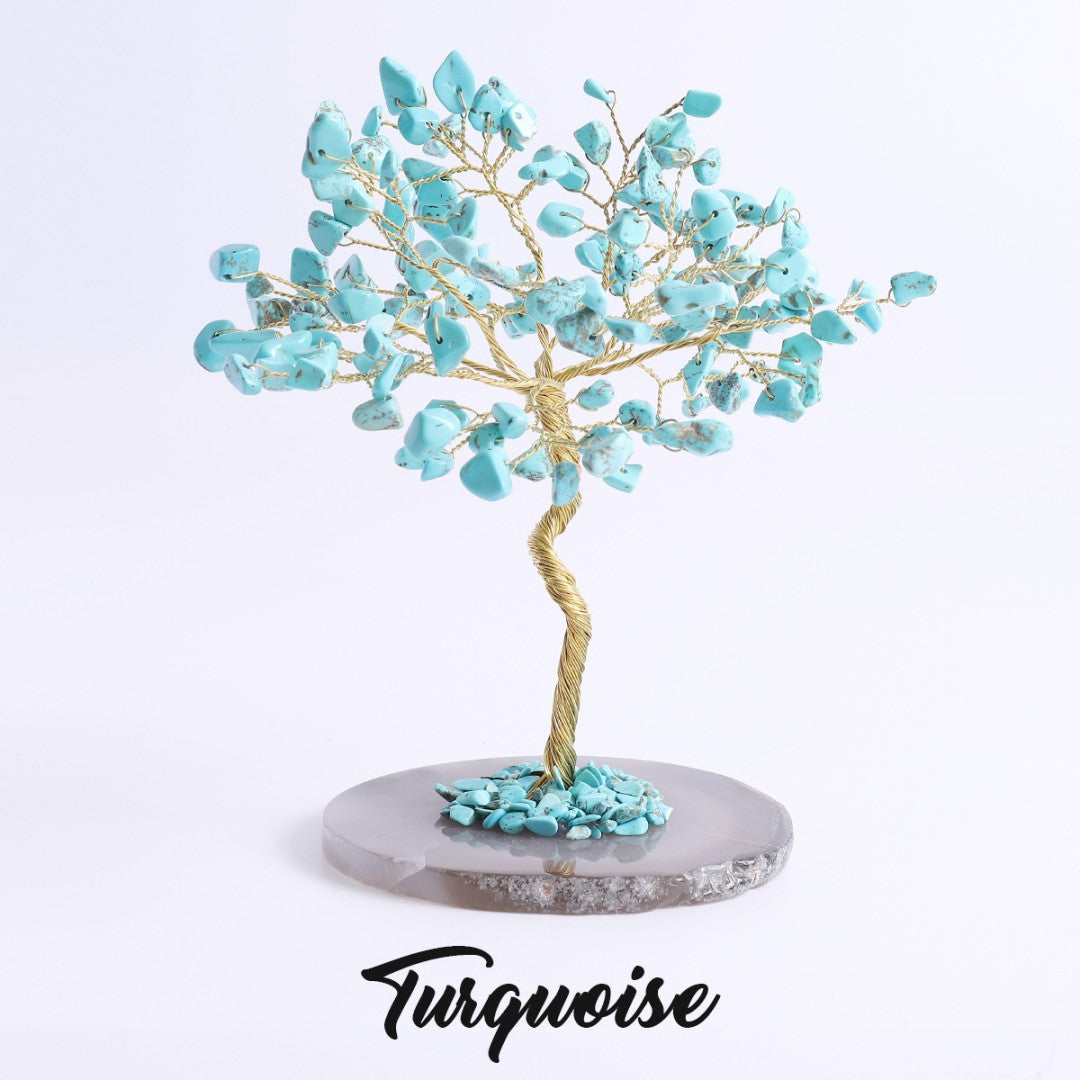 Turquoise feng shui crystal tree for protection and tranquility, copper branches on agate base