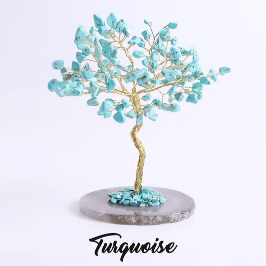 Turquoise feng shui crystal tree for protection and tranquility, copper branches on agate base