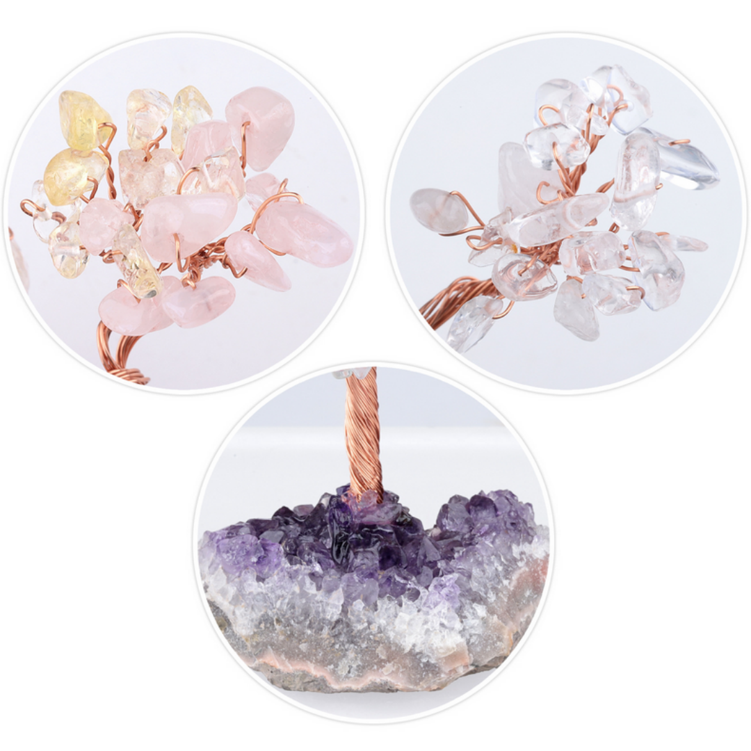 Clear Quartz Citrine and Rose Quartz feng shui tree for energy lightness and prosperity, handmade crystal tree on amethyst