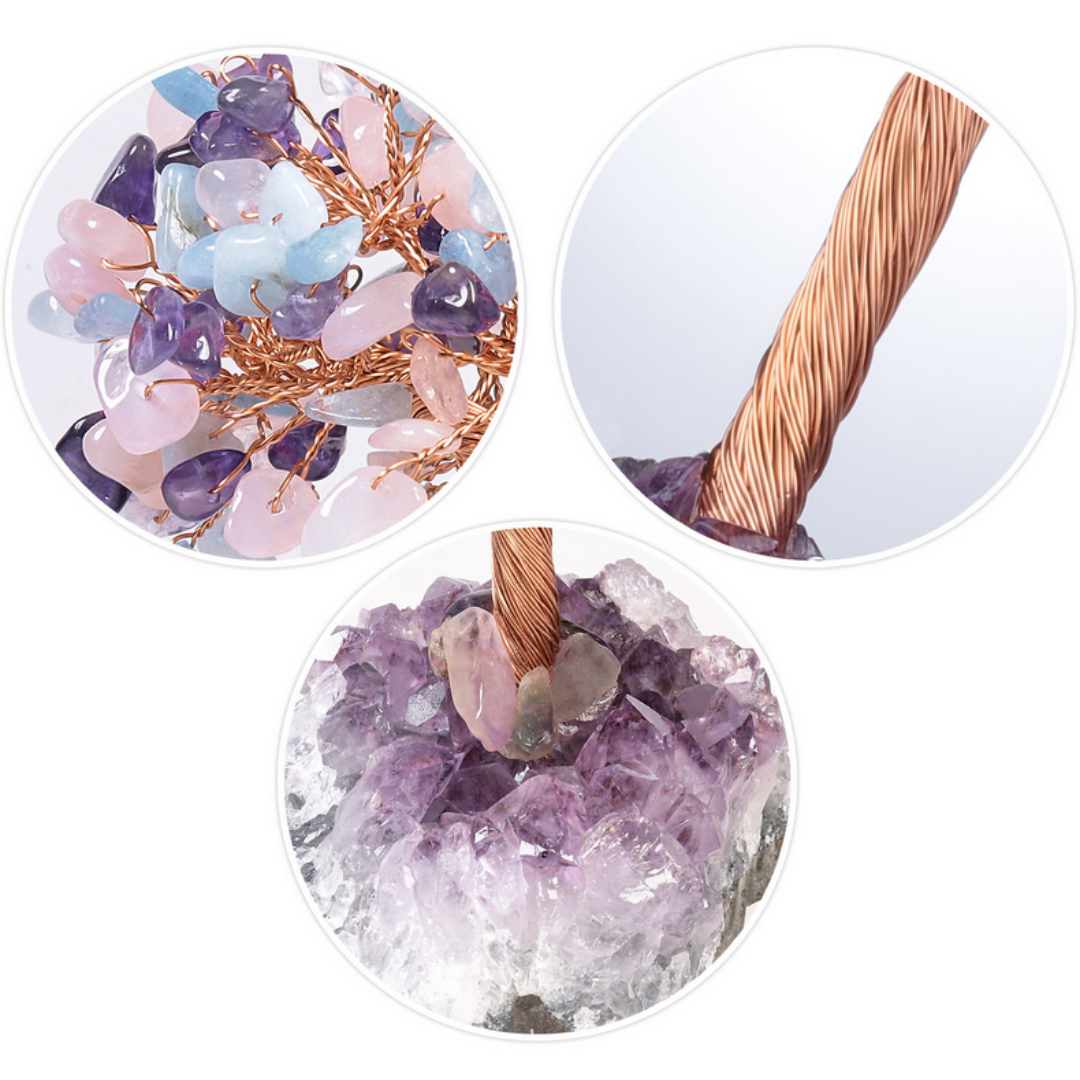 Amethyst Aquamarine and Rose Quartz feng shui tree for emotional wisdom and love, copper wire tree on amethyst cluster