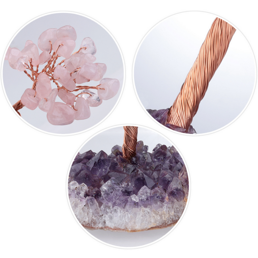 Rose Quartz crystal feng shui tree for emotional soothing and love energy, copper wire branches on amethyst cluster
