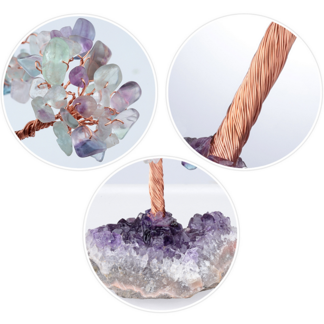 Fluorite crystal feng shui tree for energy purification and clarity, spiritual decor on amethyst base