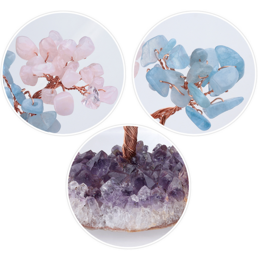 Aquamarine and Rose Quartz feng shui tree with copper wire for serenity and emotional healing, displayed on amethyst base