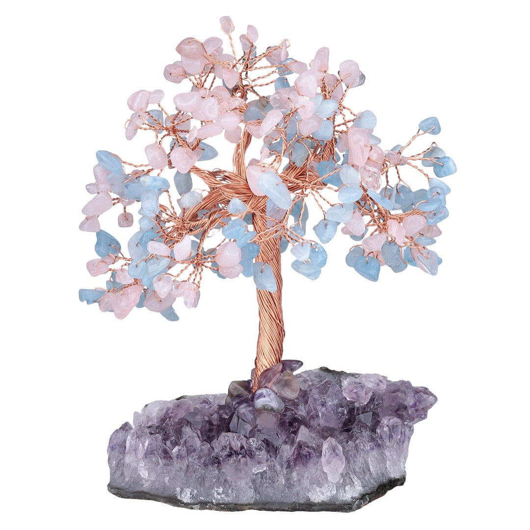 Aquamarine and Rose Quartz feng shui tree with copper wire for serenity and emotional healing, displayed on amethyst base