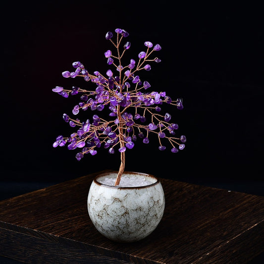 Purple amethyst leaf tree with copper branches in ivory ceramic bowl with clear crystals