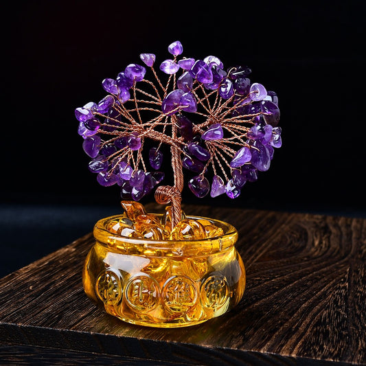 Feng shui tree with purple amethyst leaves and golden base engraved with wealth characters